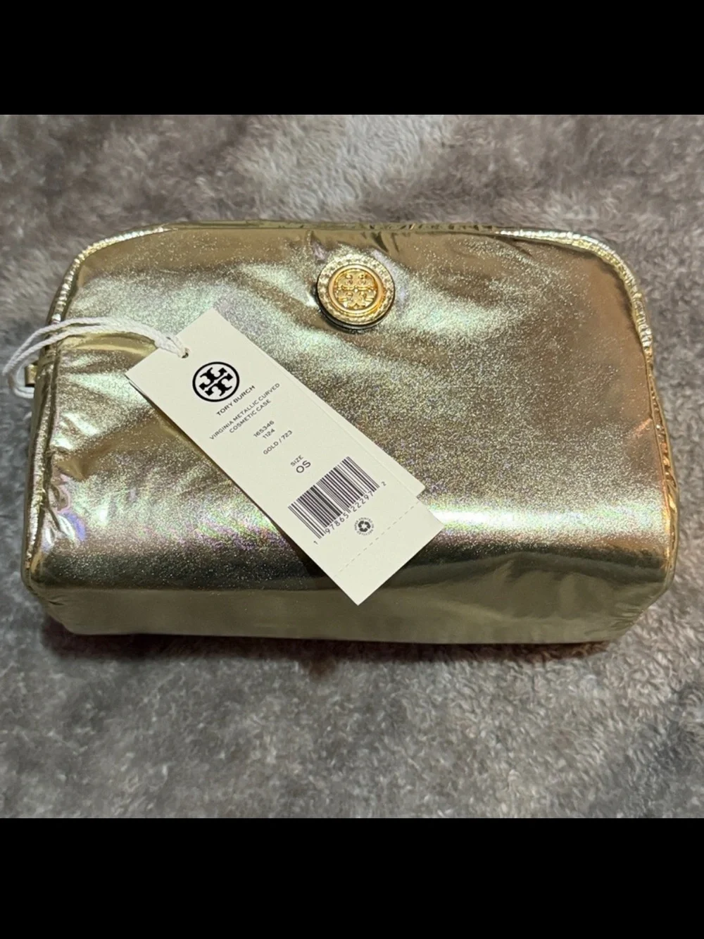 NWT! Tory Burch Metallic Pale Gold Logo Cosmetic Case